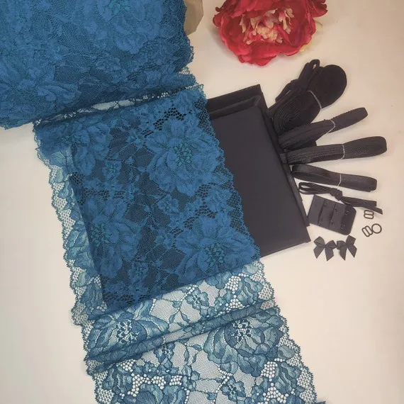 Dessous Nähpaket für BH   Höschen / Unterwäsche nähen DIY Nähset mit Spitze und Mikrofaser in petrol schwarz. Lingerie sewing kit IDnsx1