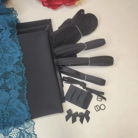 Dessous Nähpaket für BH   Höschen / Unterwäsche nähen DIY Nähset mit Spitze und Mikrofaser in petrol schwarz. Lingerie sewing kit IDnsx1