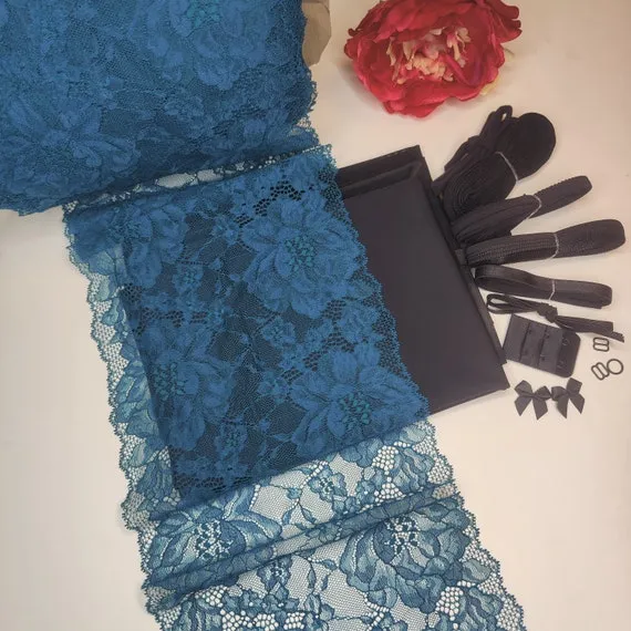 Dessous Nähpaket für BH   Höschen / Unterwäsche nähen DIY Nähset mit Spitze und Mikrofaser in petrol schwarz. Lingerie sewing kit IDnsx1