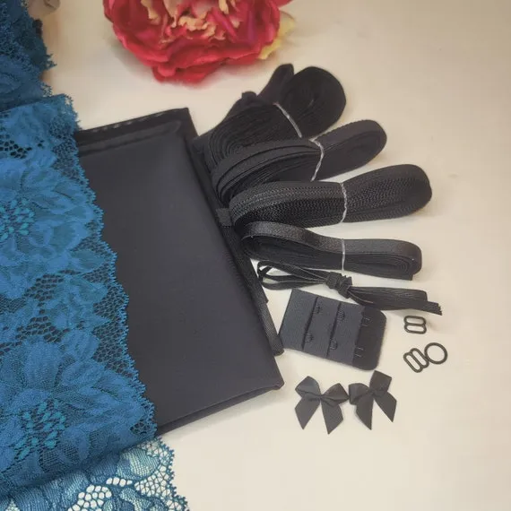 Dessous Nähpaket für BH   Höschen / Unterwäsche nähen DIY Nähset mit Spitze und Mikrofaser in petrol schwarz. Lingerie sewing kit IDnsx1