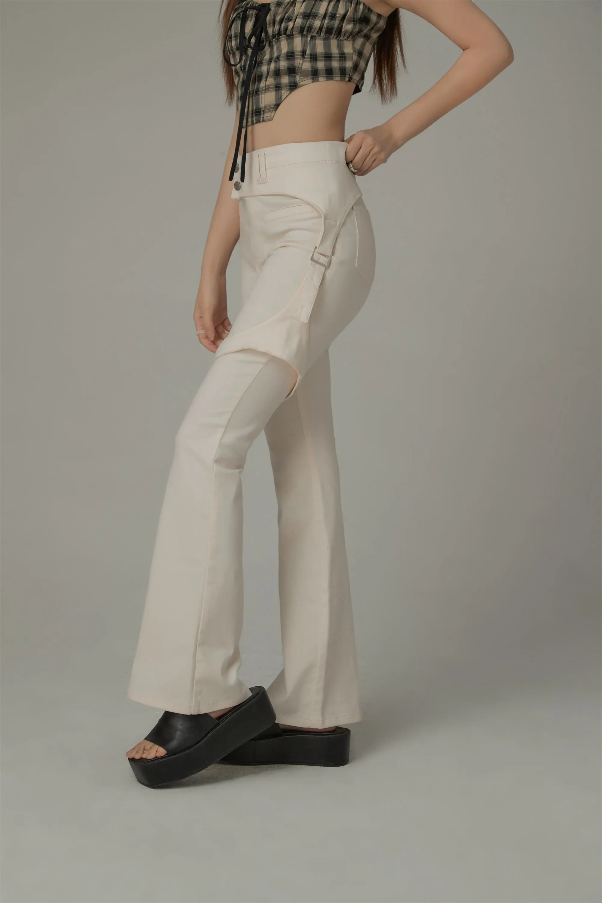 Double Button High Waisted Flared Semi-Bootcut Pants