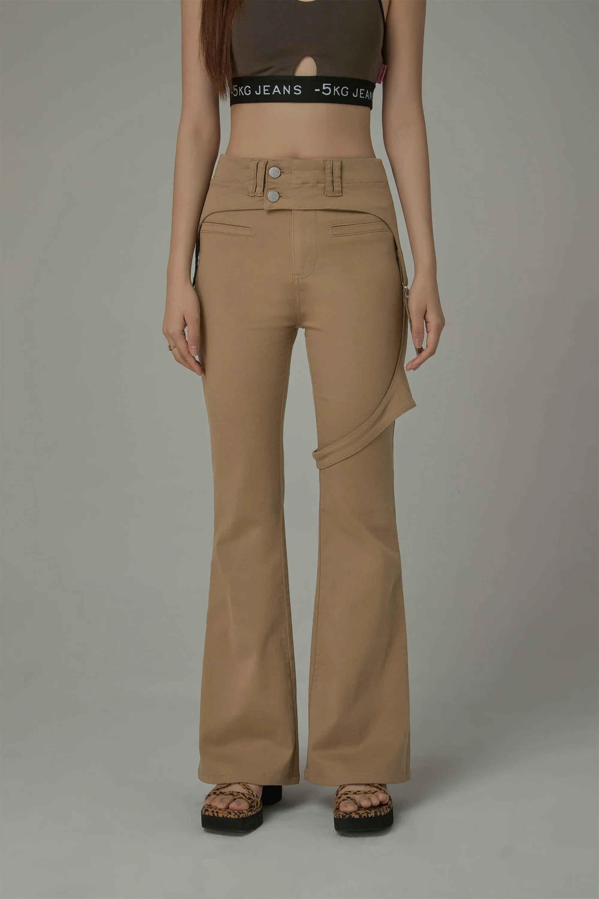 Double Button High Waisted Flared Semi-Bootcut Pants