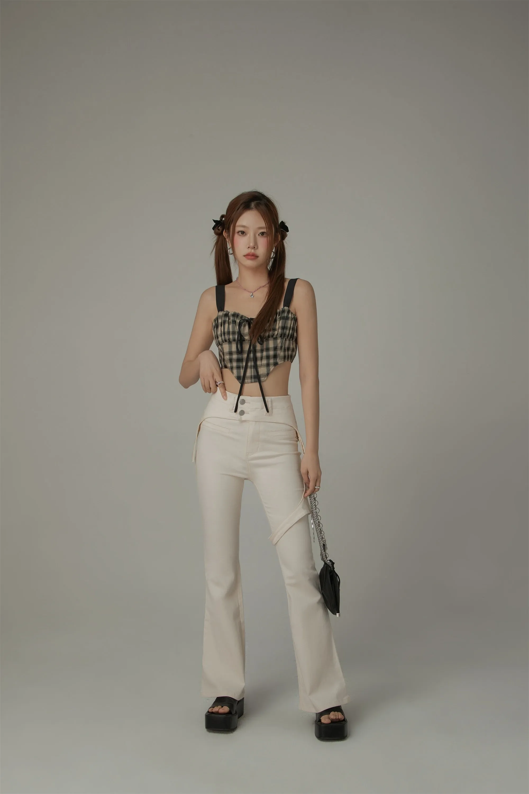 Double Button High Waisted Flared Semi-Bootcut Pants