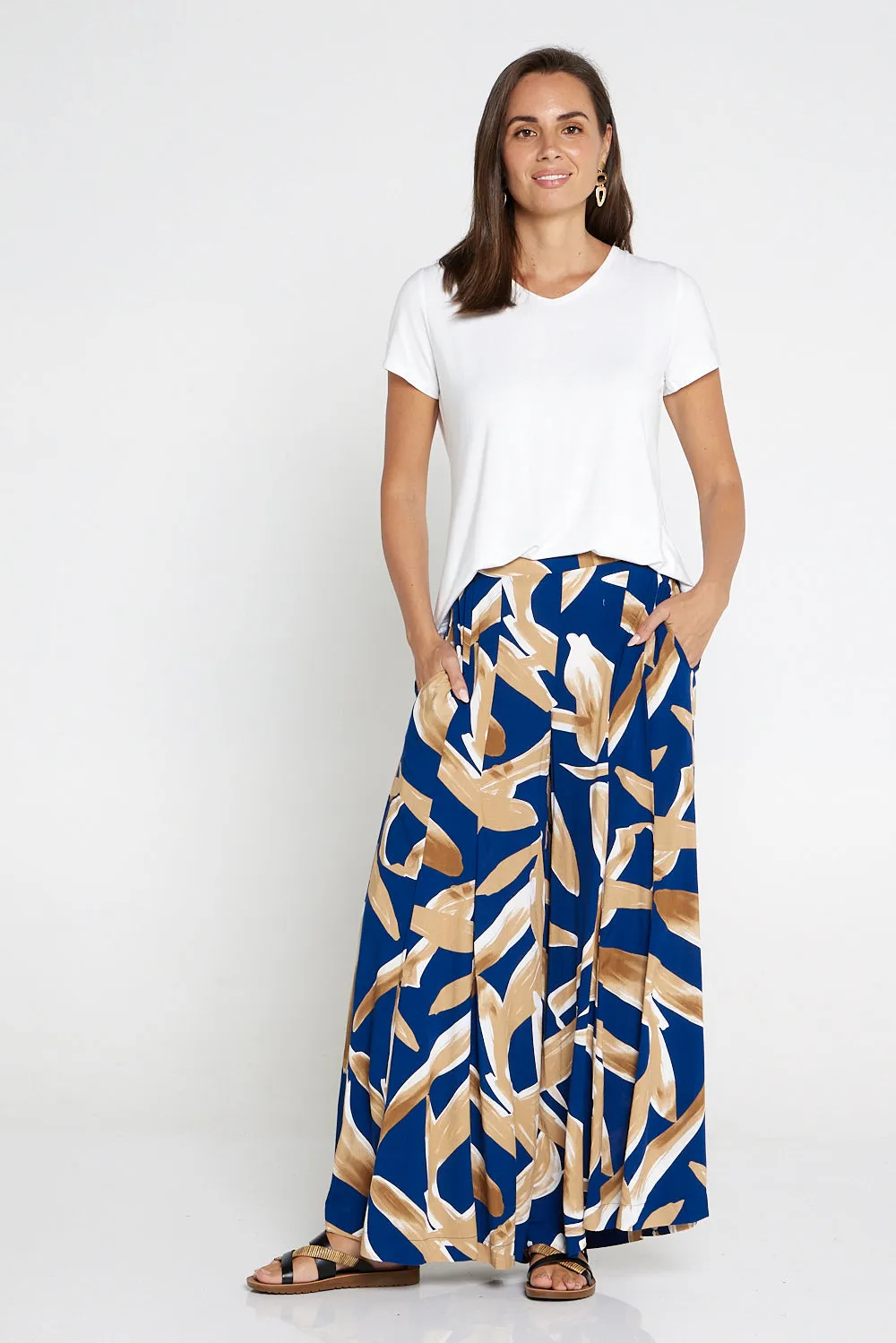 Farina Palazzo Pants - Navy/Brown Watercolour