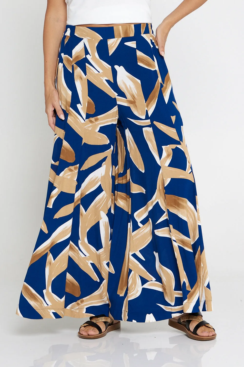 Farina Palazzo Pants - Navy/Brown Watercolour