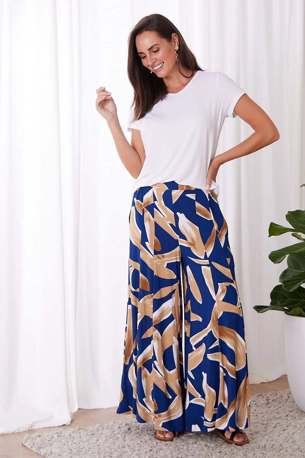 Farina Palazzo Pants - Navy/Brown Watercolour