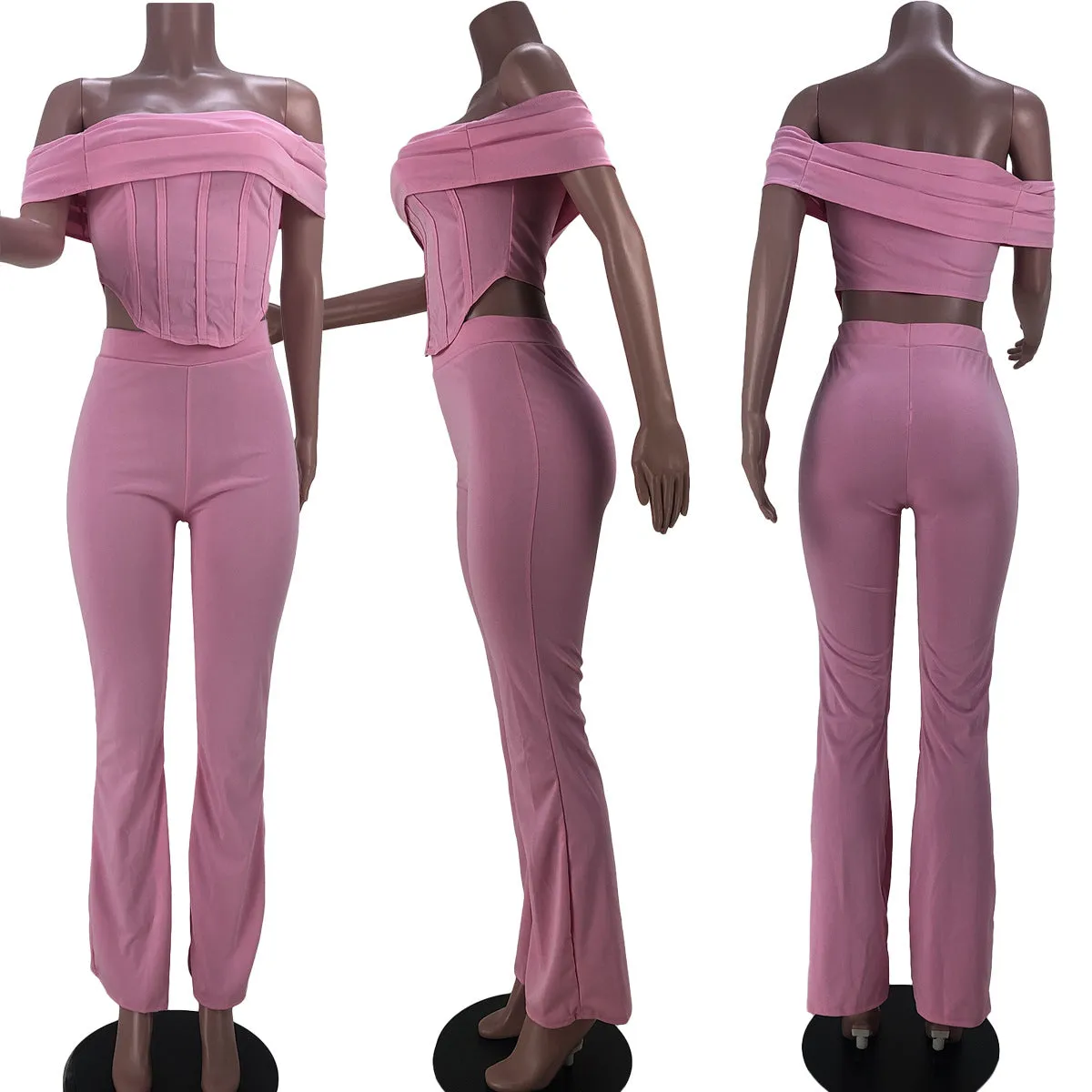 Fashionable one-shoulder flared pants suit（AY1655）