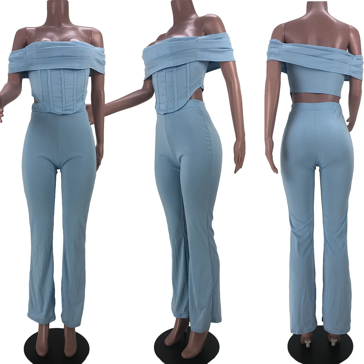 Fashionable one-shoulder flared pants suit（AY1655）