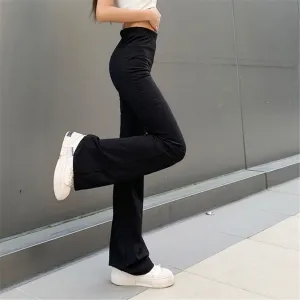 Fashionkova  All-Match Women Fashion Elastic Waist Black Flared Pants Solid Color High Waist Wide Leg Trousers Casual Hipster Streetwear