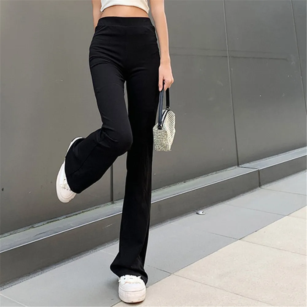 Fashionkova  All-Match Women Fashion Elastic Waist Black Flared Pants Solid Color High Waist Wide Leg Trousers Casual Hipster Streetwear