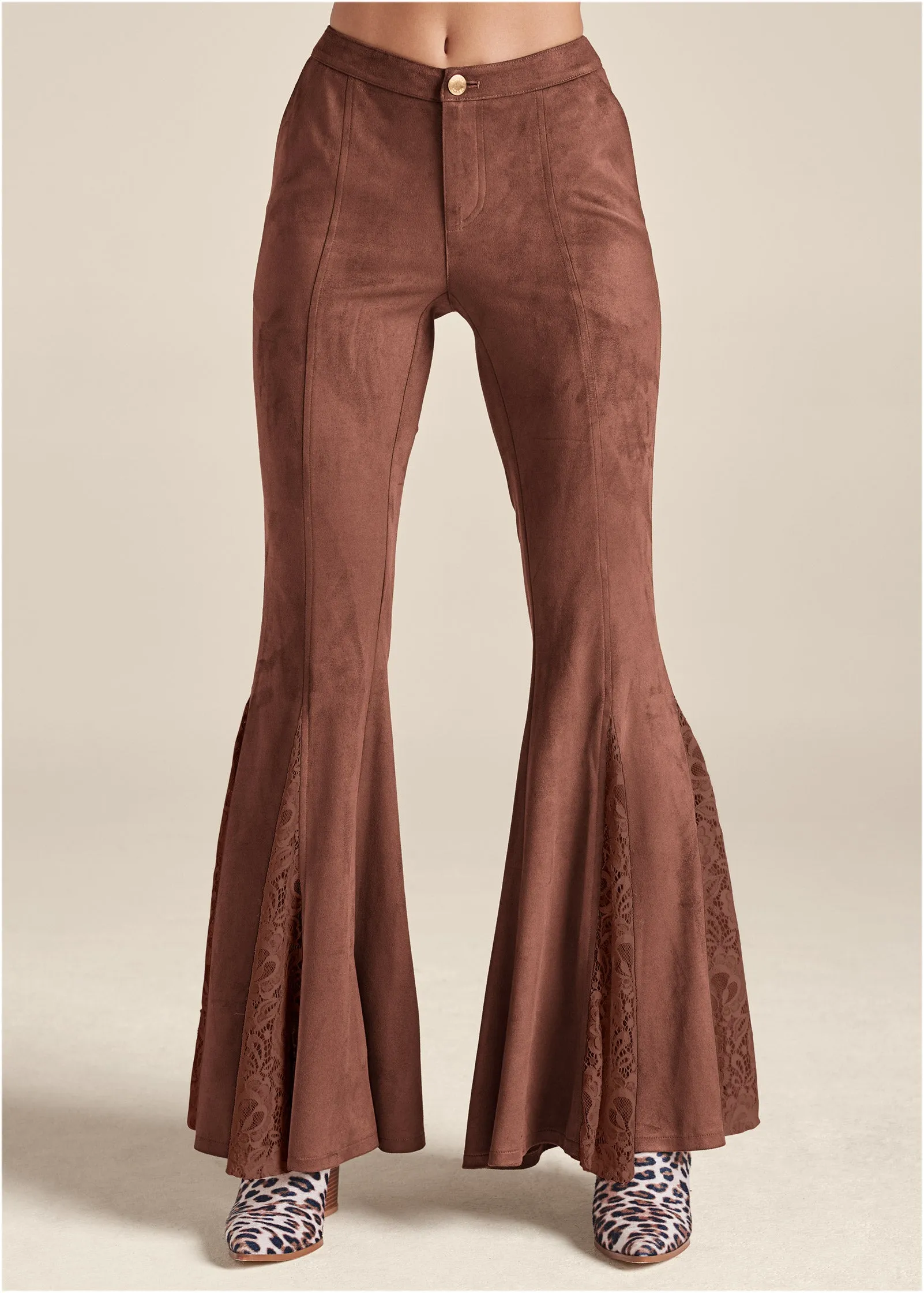 Faux Suede Flare Pants - Brown Multi