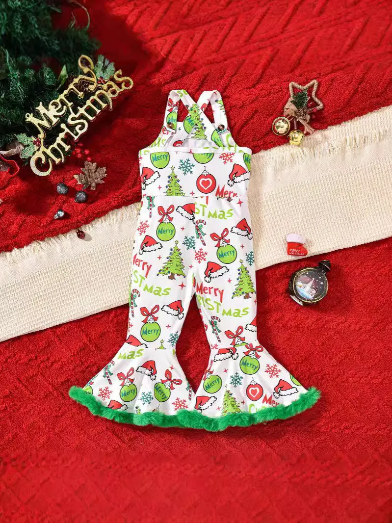 Festive Flair: Girls' Christmas Flared Suspender Pants – Holiday Style Made Fun