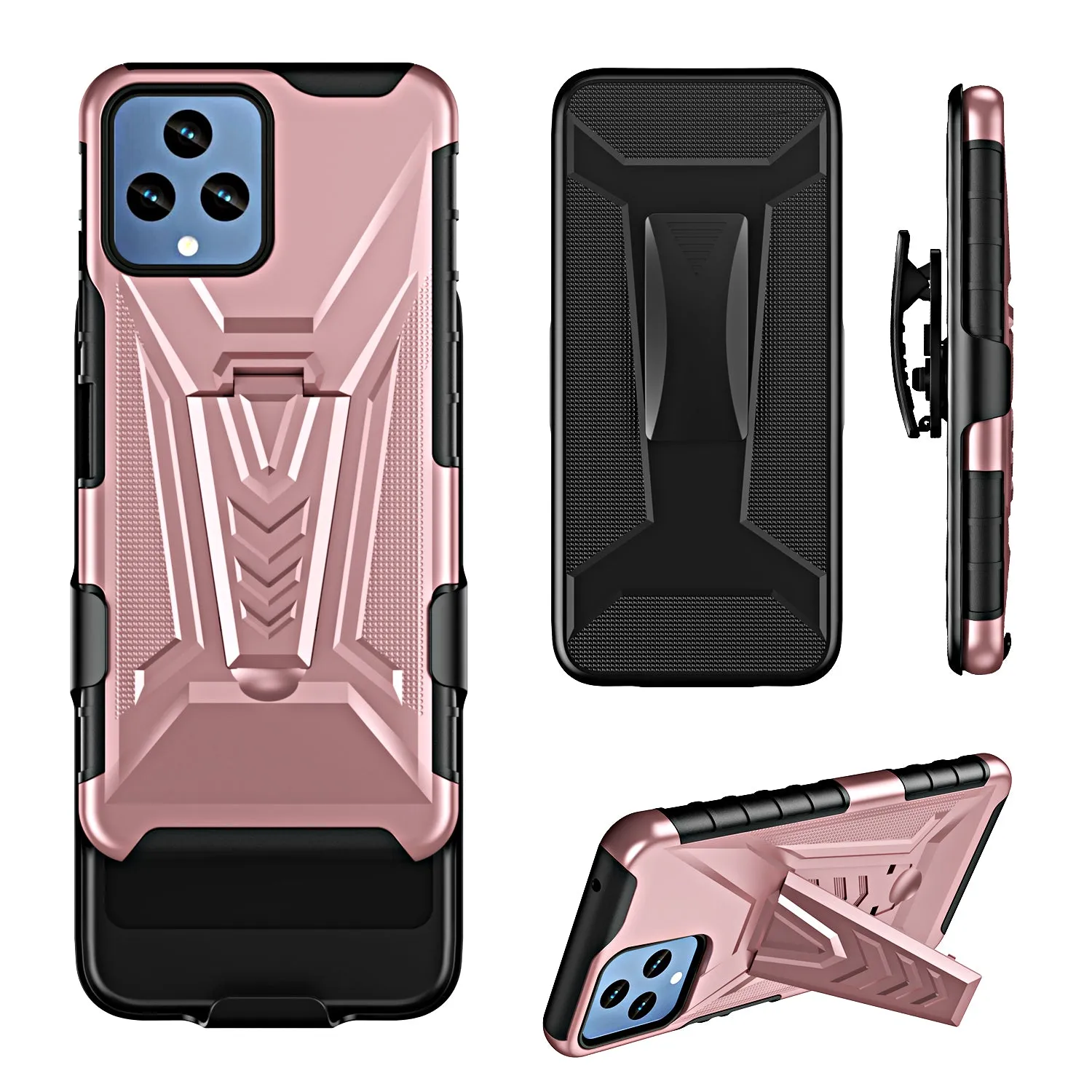 For T-Mobile REVVL 6 5G Case with Tempered Glass Screen Protector Heavy Duty Protective Phone Case,Built-in Kickstand Rugged Shockproof Protective Phone Case - Rose Gold