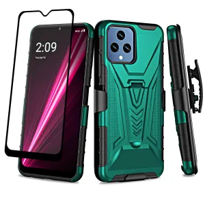 For T-Mobile REVVL 6 5G Case with Tempered Glass Screen Protector Heavy Duty Protective Phone Case,Built-in Kickstand Rugged Shockproof Protective Phone Case - Teal