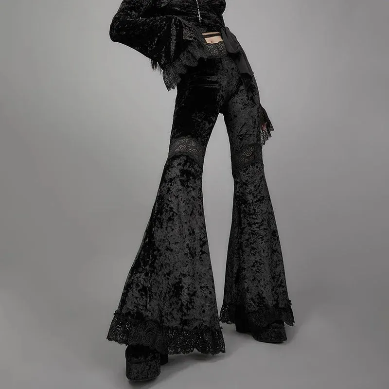 Girlary Goth High Waist Flared Pants Aesthetic Sexy Lace Patchwork Women's Pants Vintage Elegant Velvet Christmas Trousers