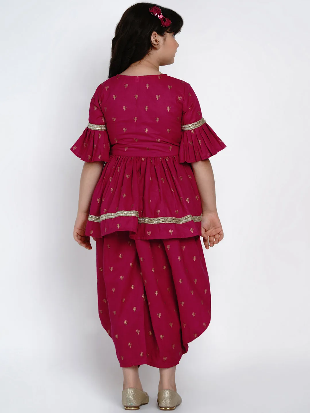 Girl's Pink  Printed  Angrakha Style Kurti With Dhoti Pants - Bitiya By Bhama