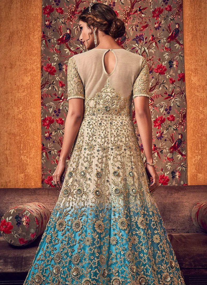 Golden And Blue Zari Embroidered Anarkali Lehenga/Pant Suit