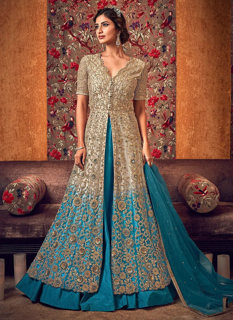 Golden And Blue Zari Embroidered Anarkali Lehenga/Pant Suit