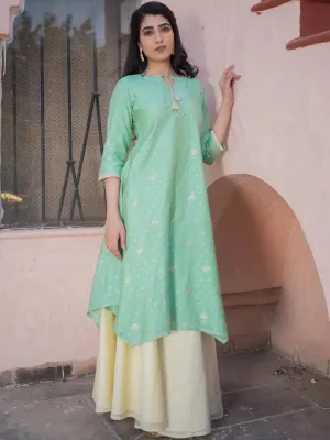 Green Self Design Silk A-Line Kurta With Skirt