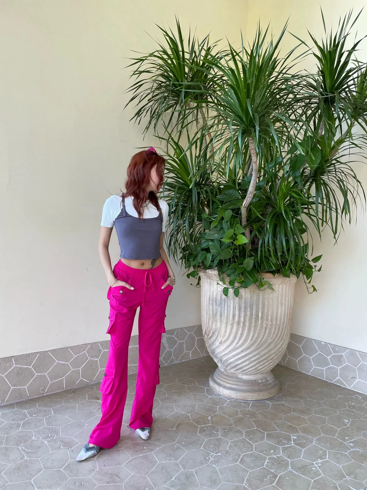 Hot-Pink Multi-pocket Straight flared Pants