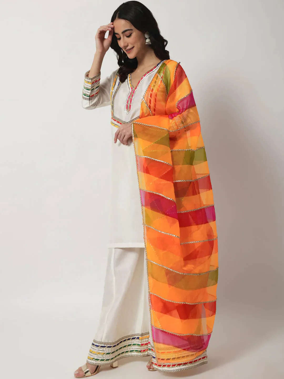 Ivory Croma Silk Embellished Kurta with Kalidar Palazzo with Leheriya Oraganza Dupatta