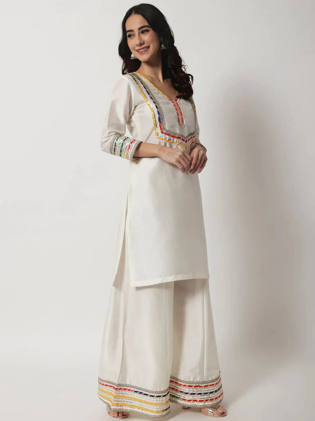 Ivory Croma Silk Embellished Kurta with Kalidar Palazzo with Leheriya Oraganza Dupatta