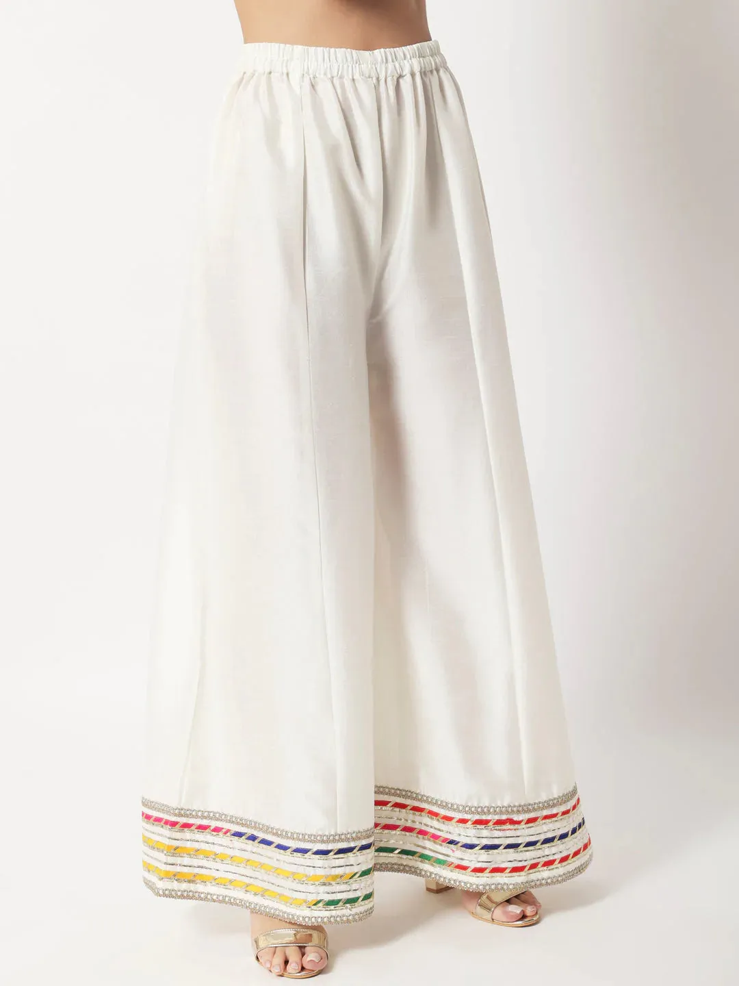 Ivory Croma Silk Embellished Kurta with Kalidar Palazzo with Leheriya Oraganza Dupatta