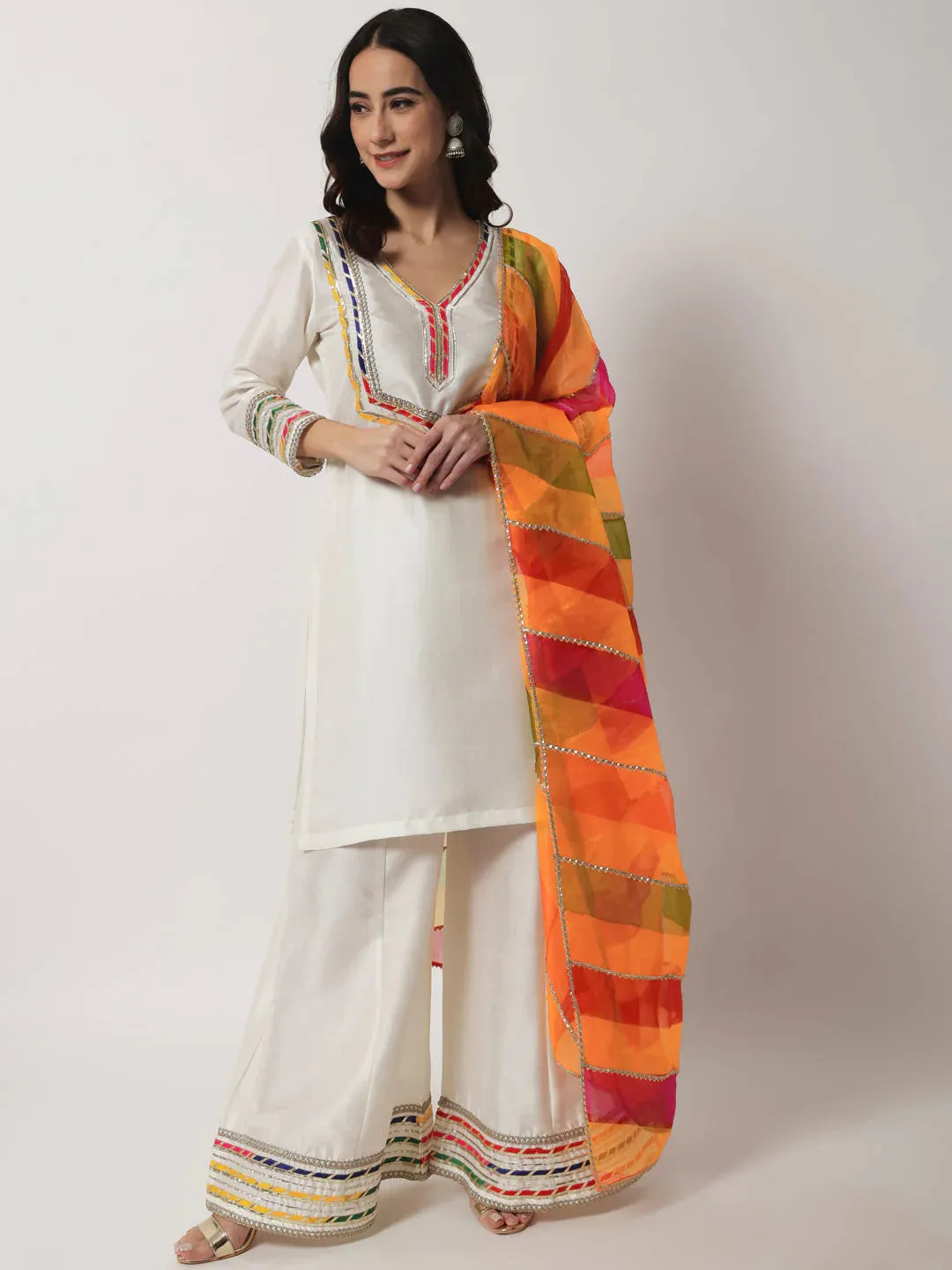 Ivory Croma Silk Embellished Kurta with Kalidar Palazzo with Leheriya Oraganza Dupatta