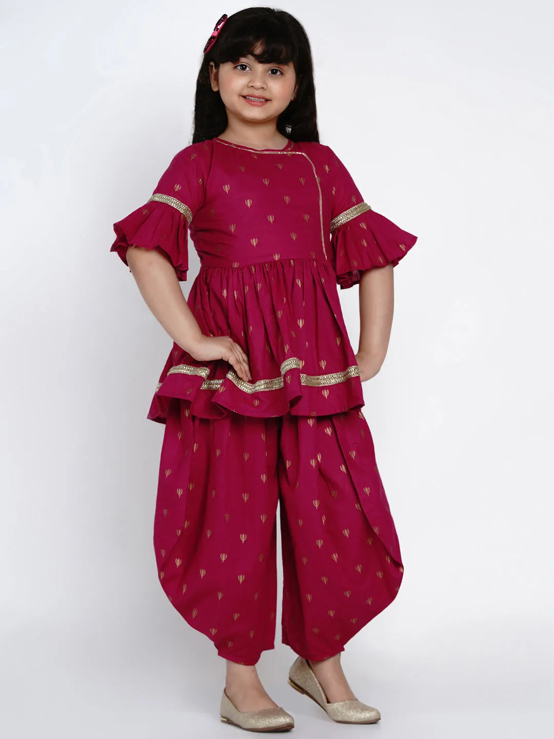 Jashvi Girls Magenta Printed Kurti with Dhoti Pants