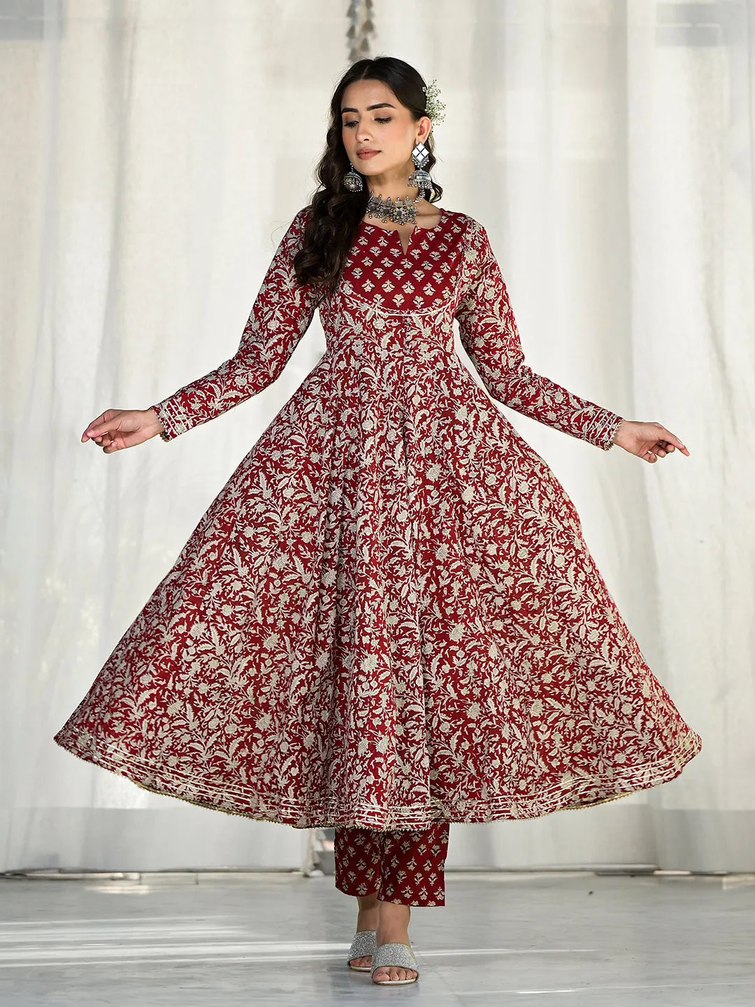 Jashvi Maroon Floral Printed Anarkali Cotton Kurta Trouser with Dupatta Set