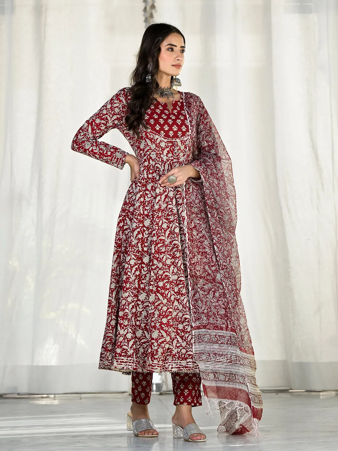 Jashvi Maroon Floral Printed Anarkali Cotton Kurta Trouser with Dupatta Set