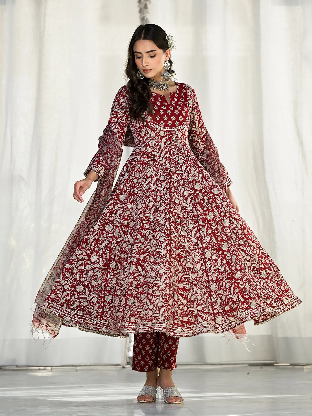 Jashvi Maroon Floral Printed Anarkali Cotton Kurta Trouser with Dupatta Set