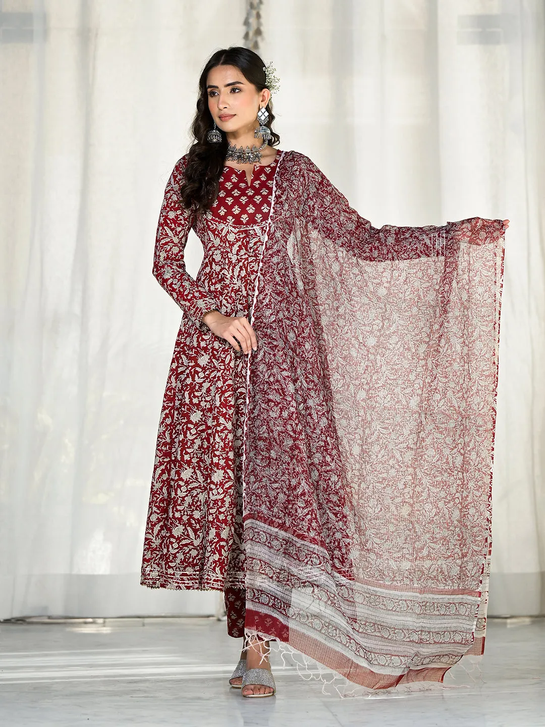 Jashvi Maroon Floral Printed Anarkali Cotton Kurta Trouser with Dupatta Set