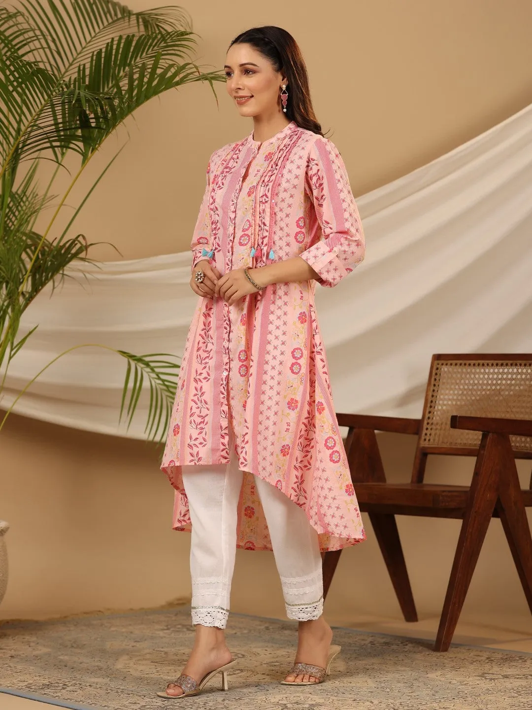 Jashvi Pink Floral Printed Cotton Cambric Kurta With Sequins Work