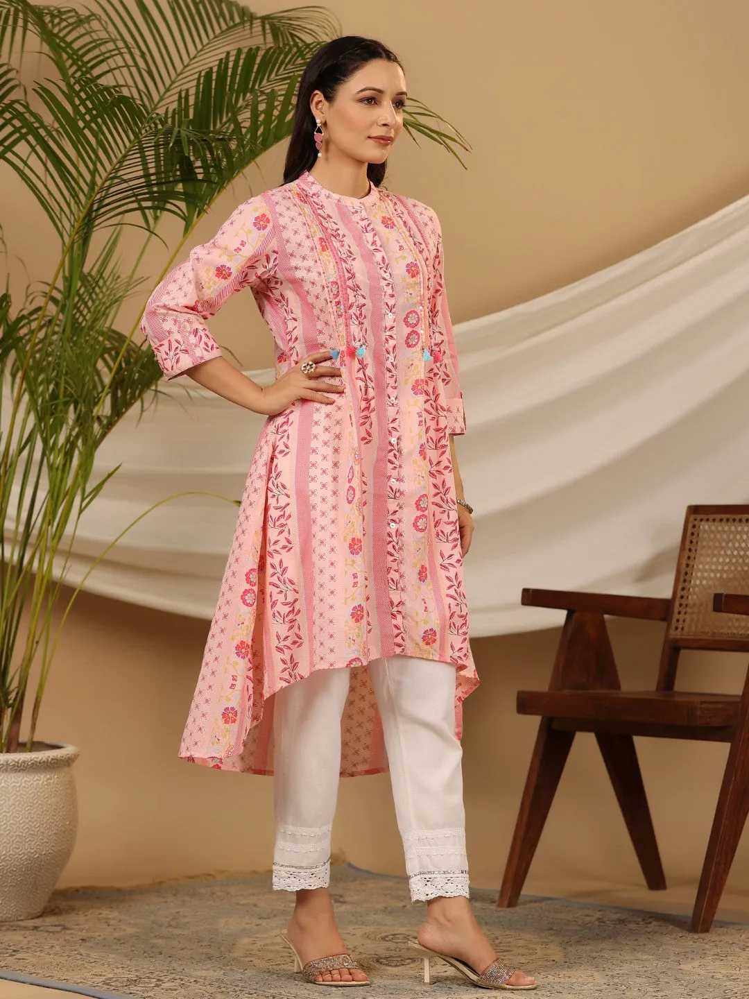 Jashvi Pink Floral Printed Cotton Cambric Kurta With Sequins Work