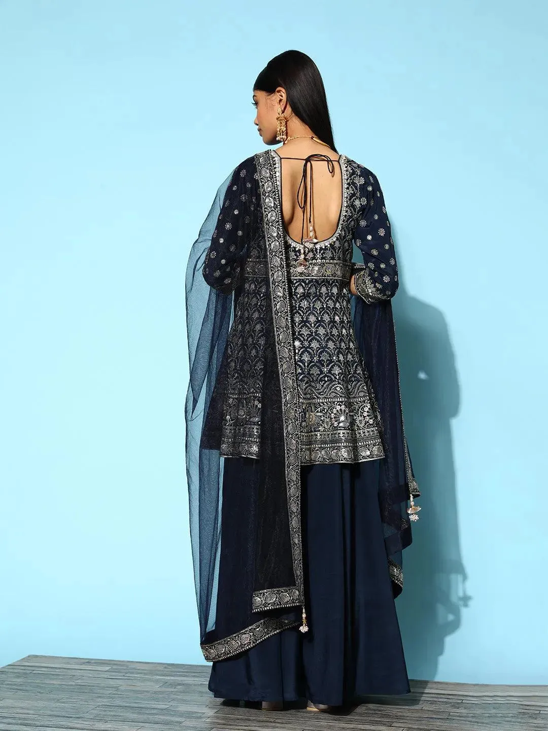 Libas Art Blue Embroidered Silk Anarkali Suit Set With Palazzos