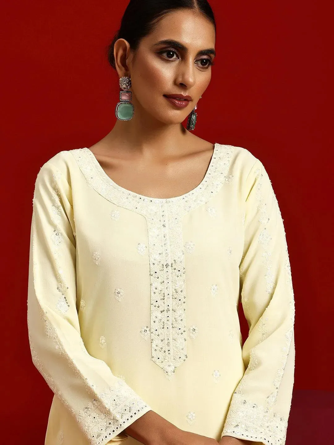 Libas Art Yellow Embroidered Georgette Straight Suit With Dupatta