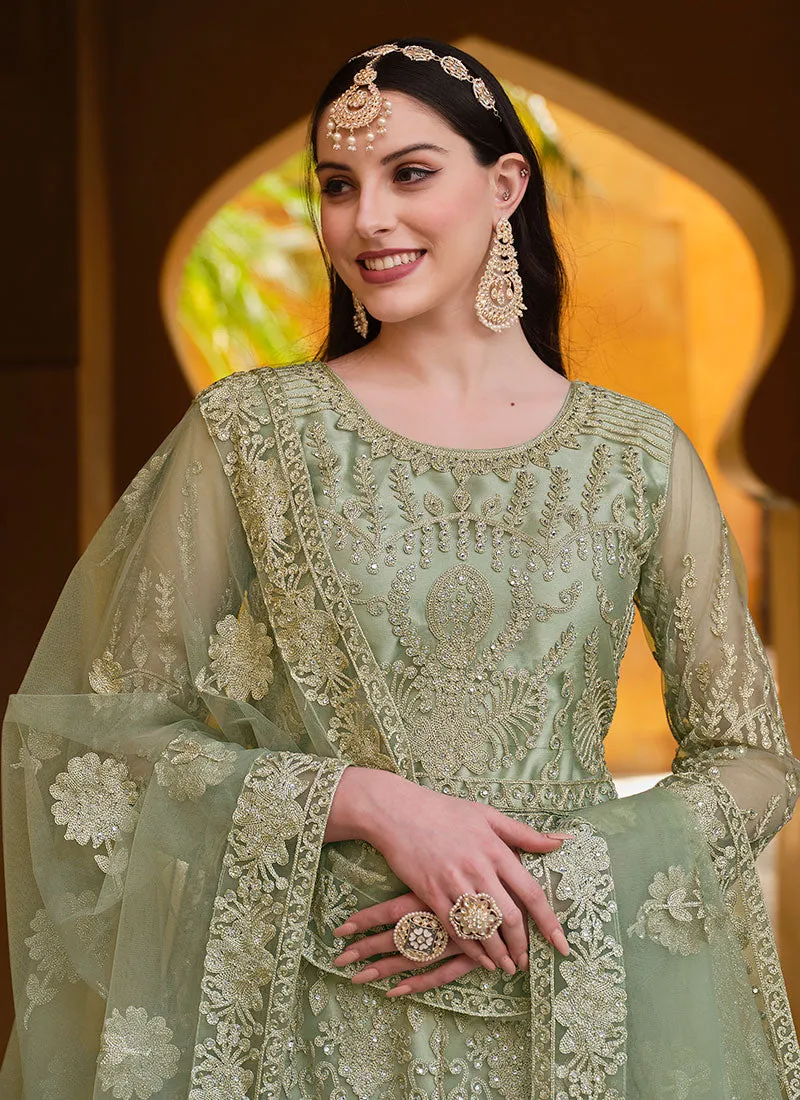 Light Green Cording Embroidery Wedding Anarkali Suit