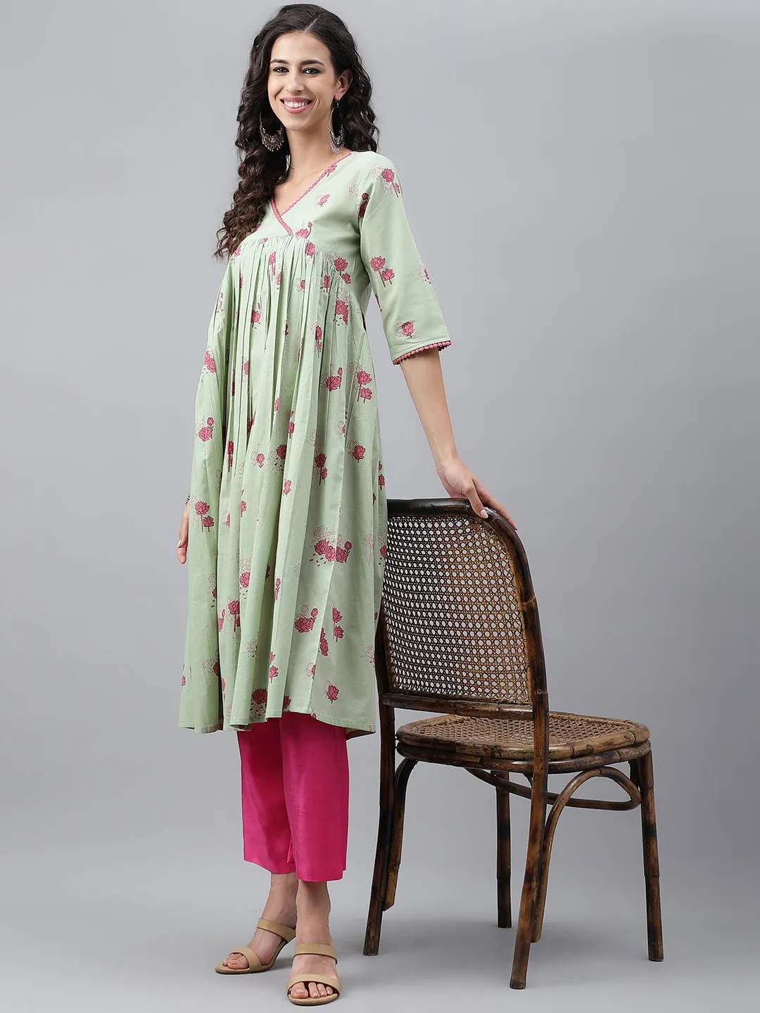 Light Green Cotton Floral Printed Flared Kurta