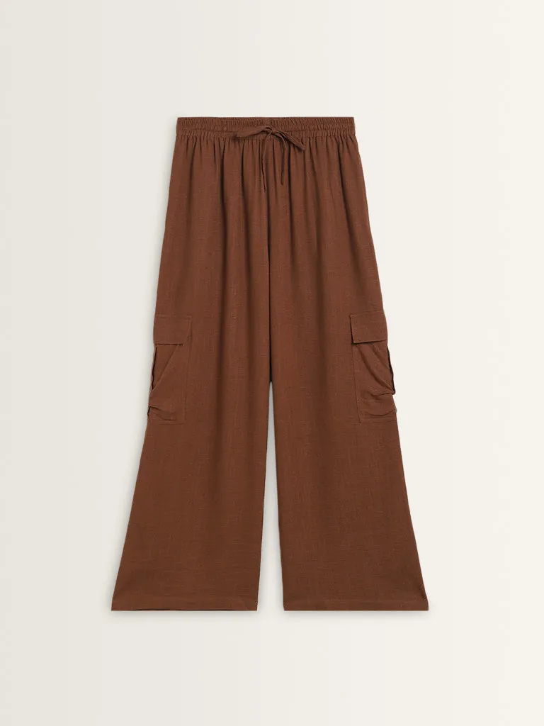 LOV Brown Cargo-Style High-Rise Flared Blended Linen Pants