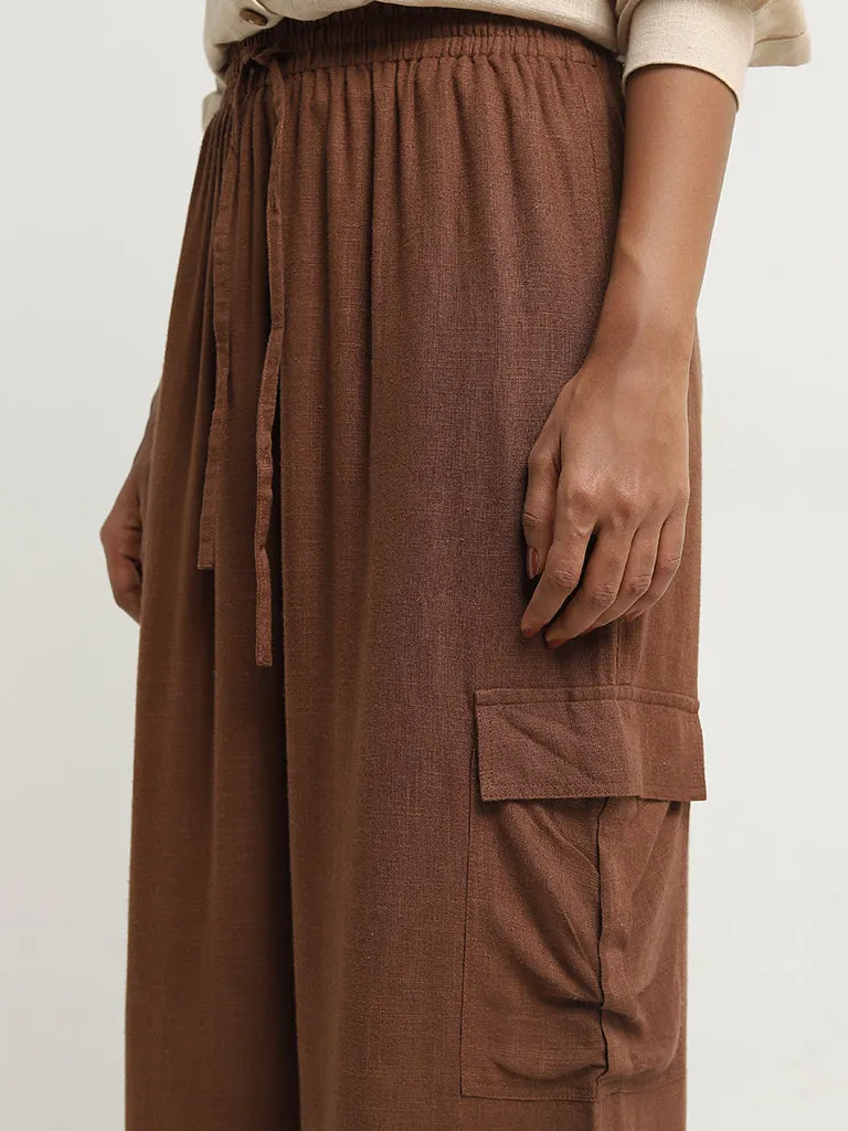 LOV Brown Cargo-Style High-Rise Flared Blended Linen Pants