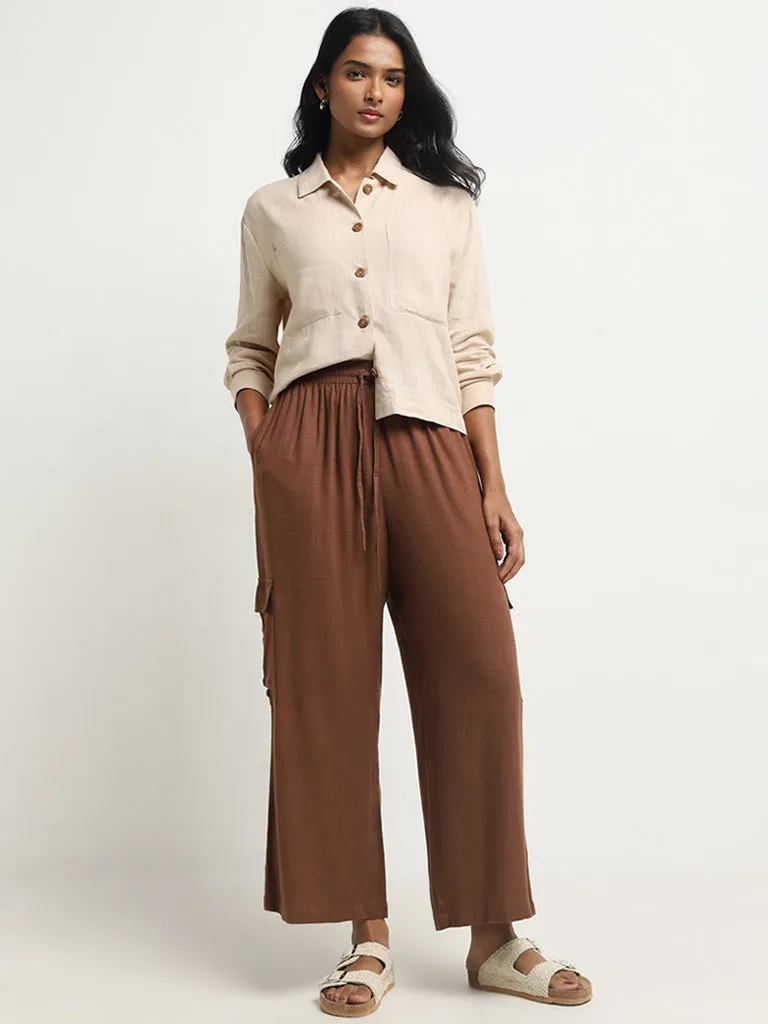 LOV Brown Cargo-Style High-Rise Flared Blended Linen Pants