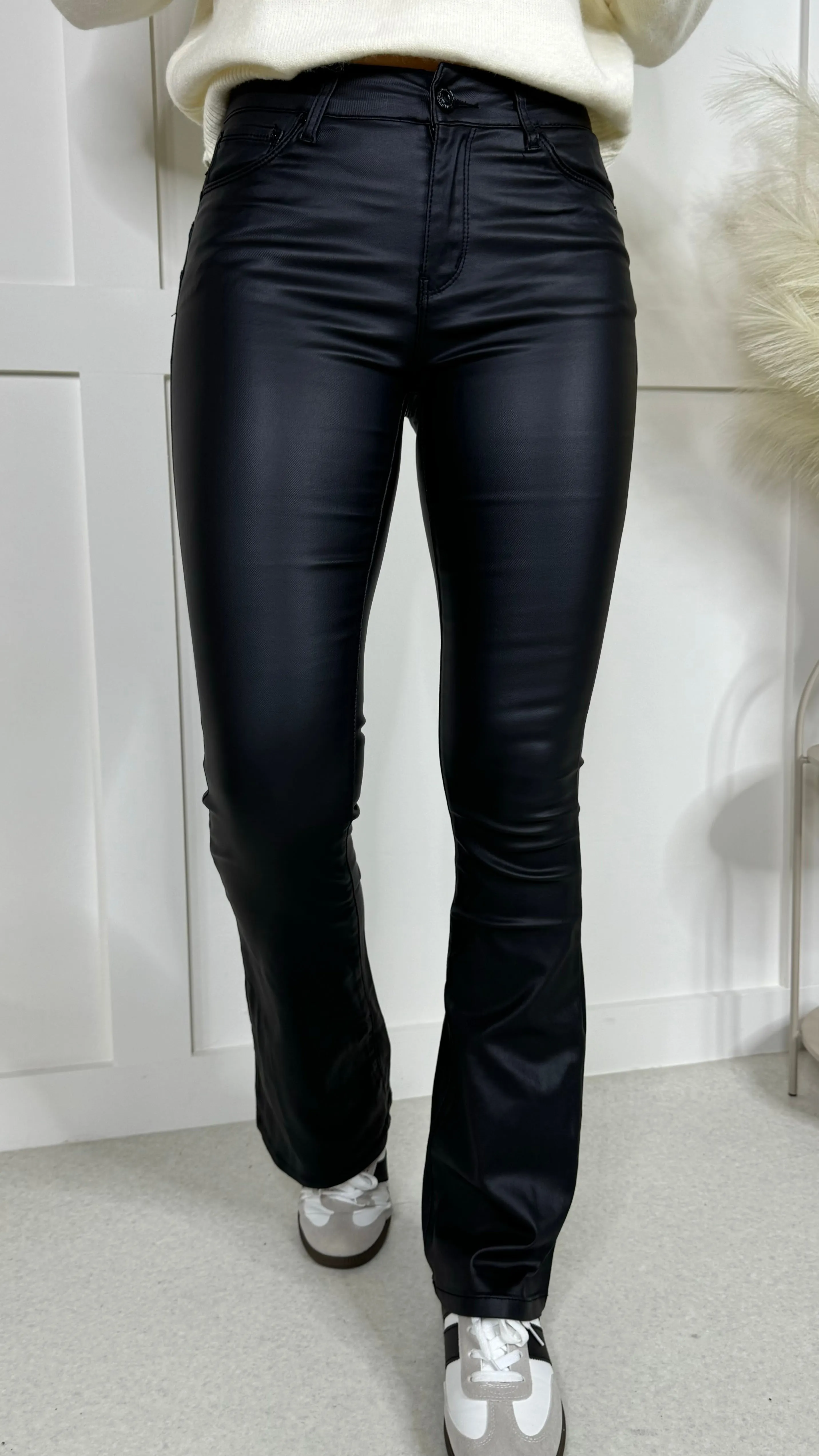 Lucy Black Coated Leather Look Flared Trousers