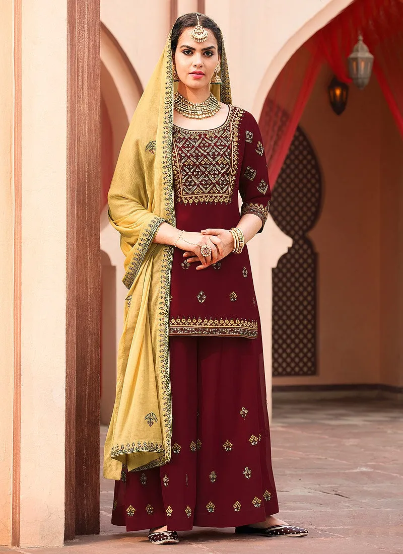 Maroon And Yellow Embroidered Palazzo Suit