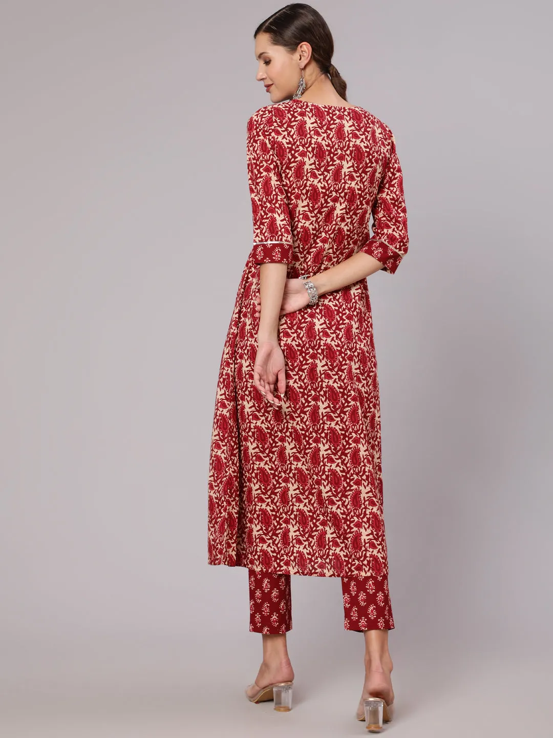 Maroon Cotton Printed A-Line Kurta With Pants