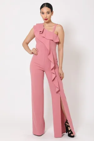 Mauve One Shoulder Ruffle Jumpsuit