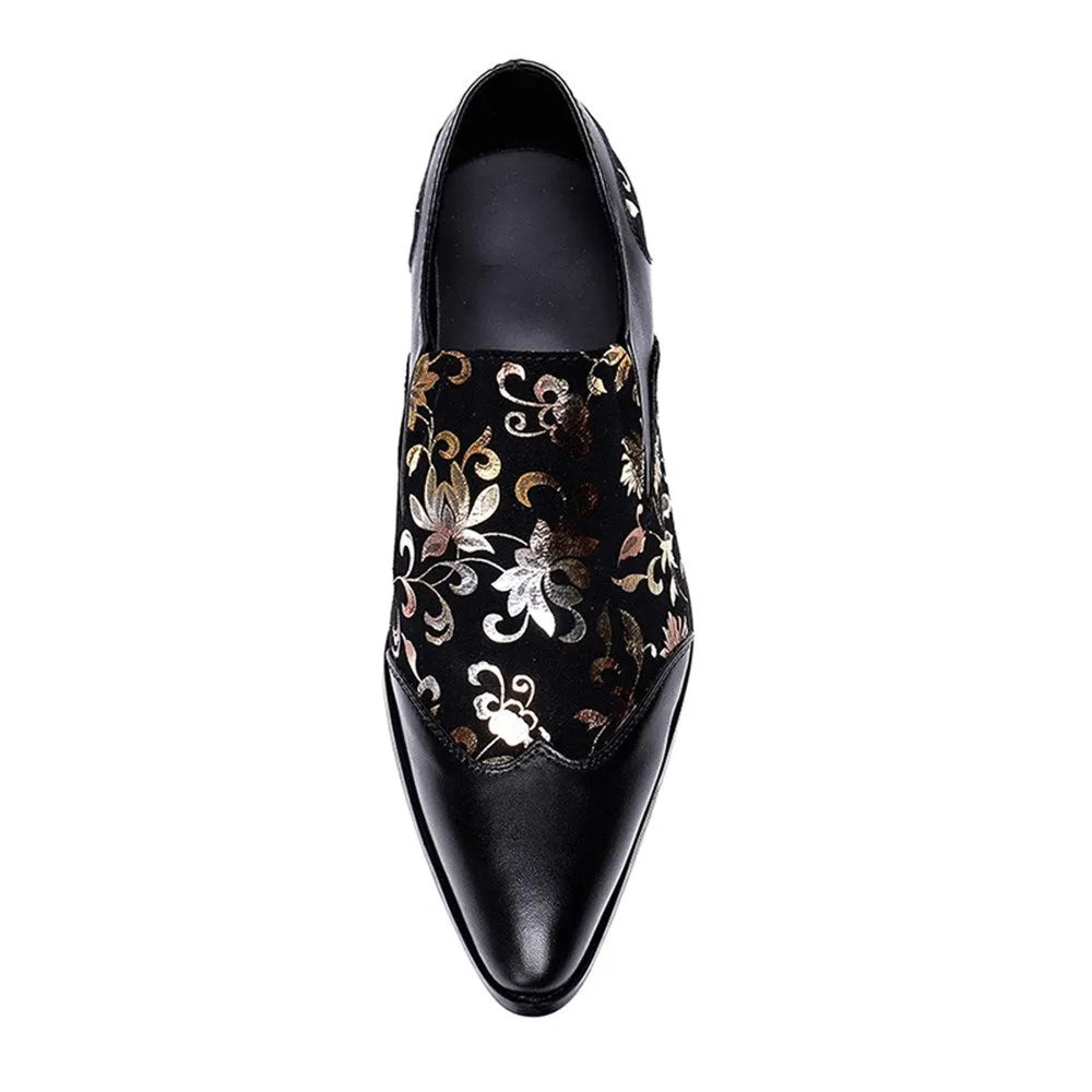 Men Pointed Printed Black Slip On Oxford Shoes