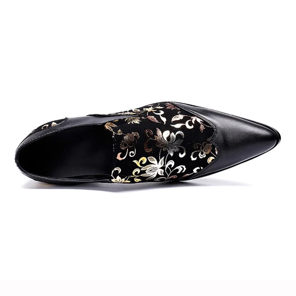 Men Pointed Printed Black Slip On Oxford Shoes