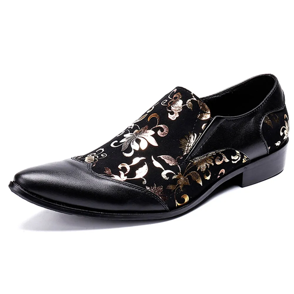 Men Pointed Printed Black Slip On Oxford Shoes