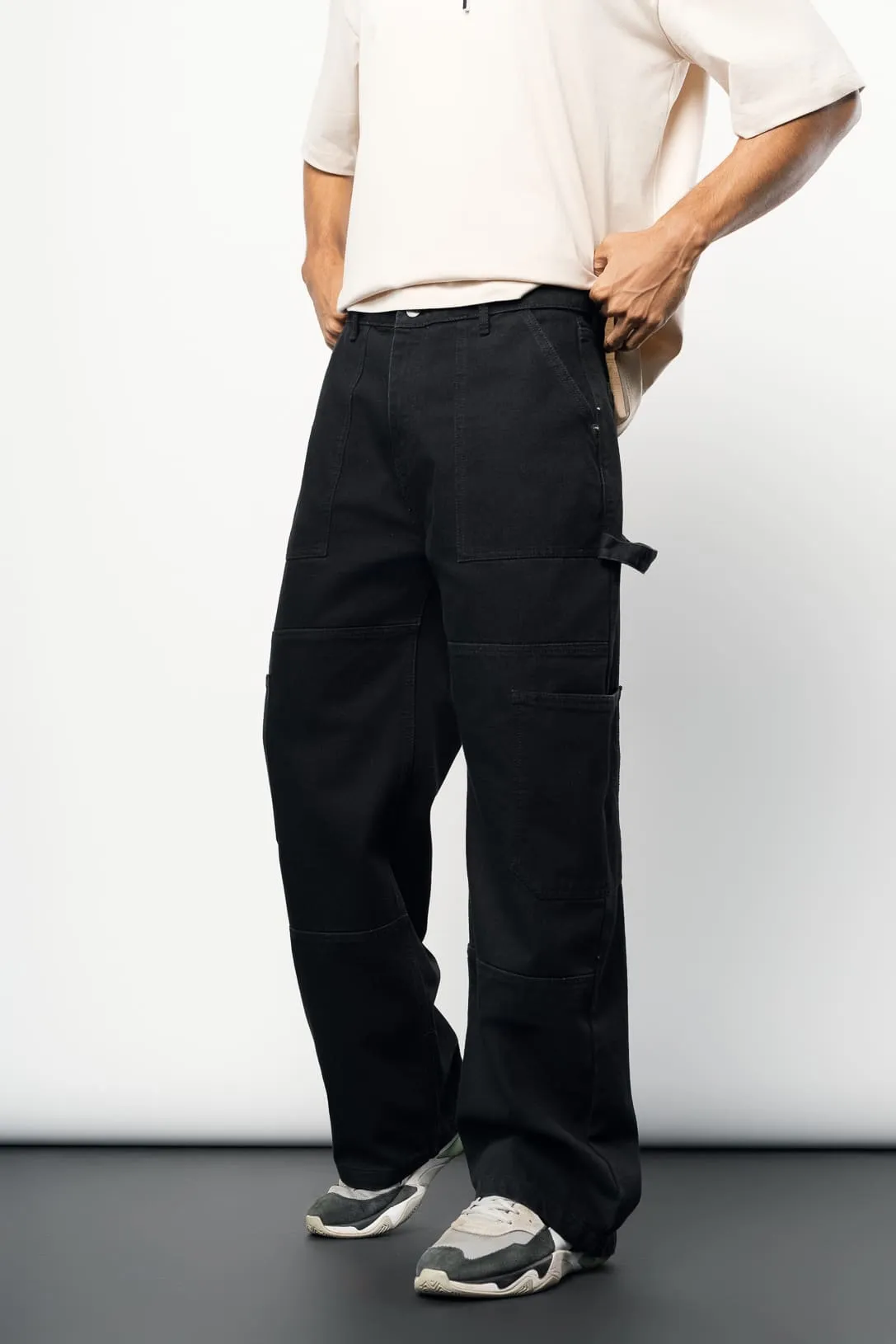 Men's Black Patch & Pocket Cargo Jeans